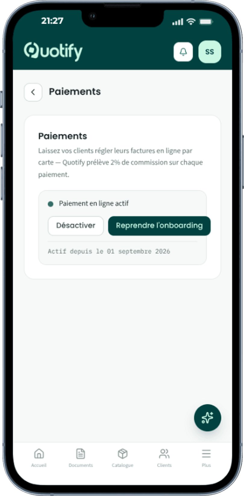 Paiement en ligne activé dans les réglages