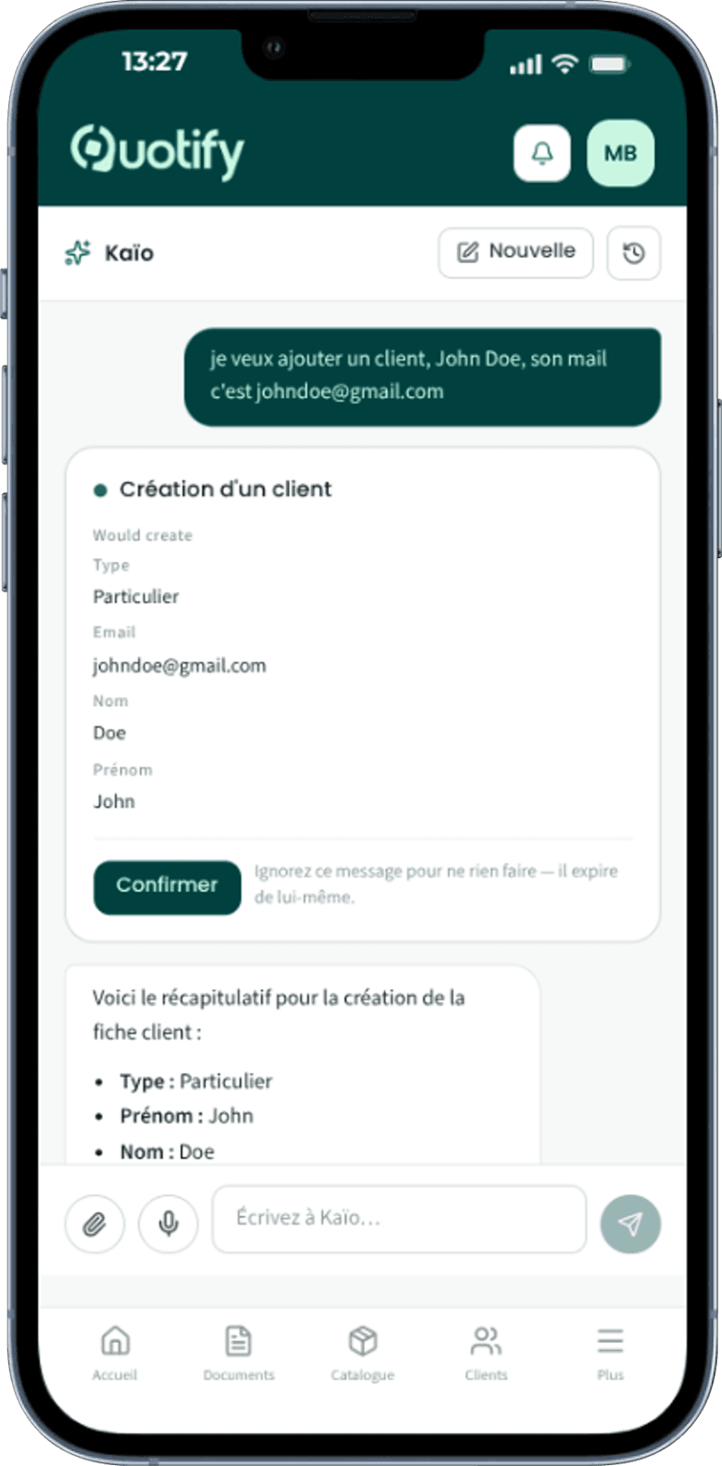 Kaïo propose la création d'un client et attend la confirmation