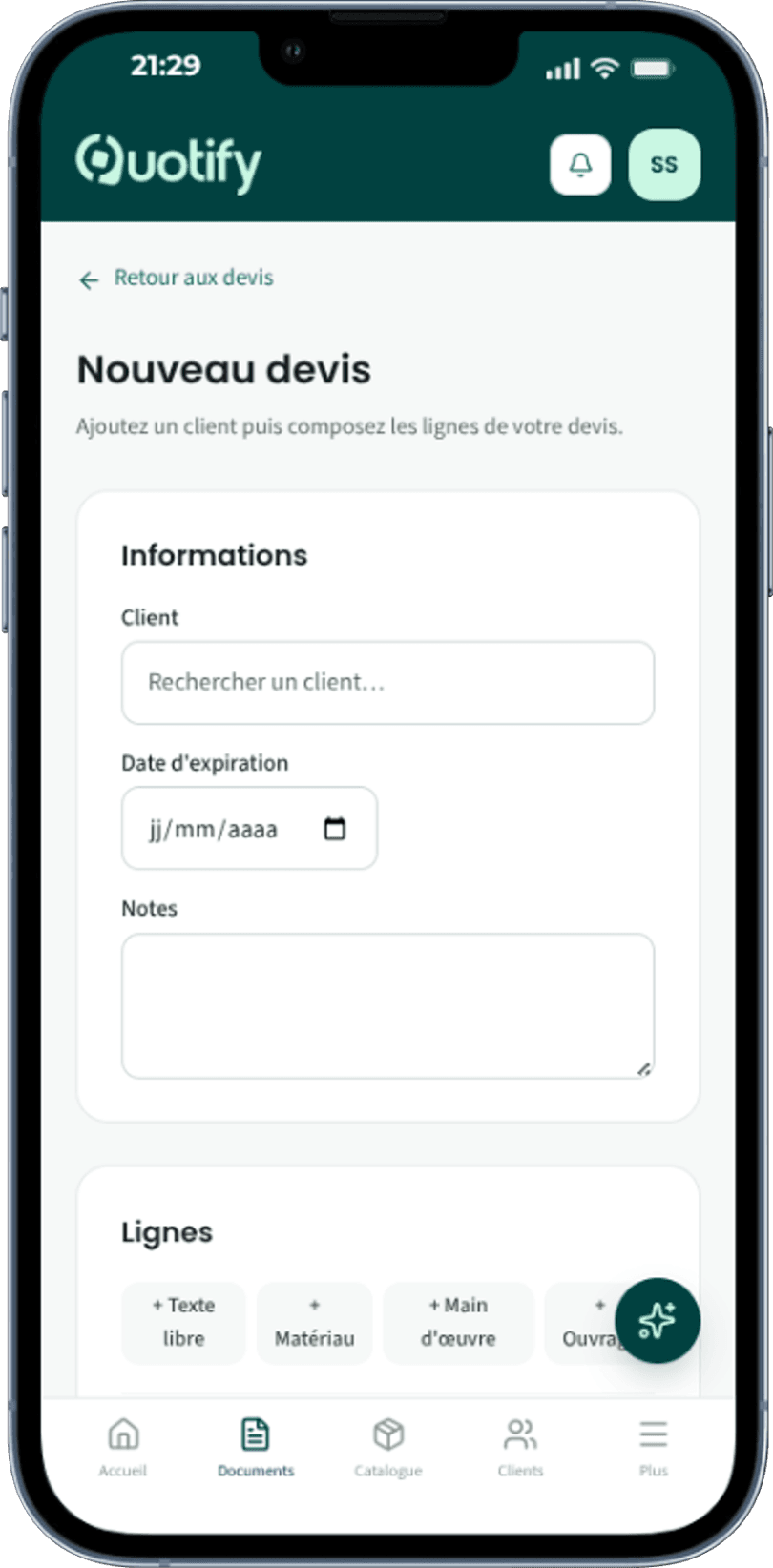 Création d'un devis : client, lignes matériaux, main-d'œuvre, ouvrages