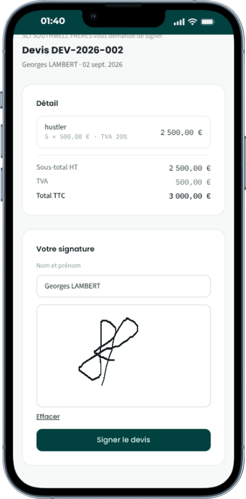 Signature électronique tactile sur un devis